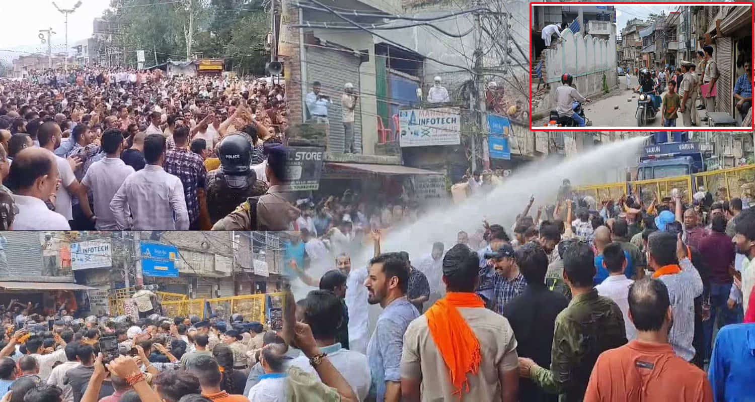 Scuffle between hindu organizations and police protesting against illegal mosque himachal mandi