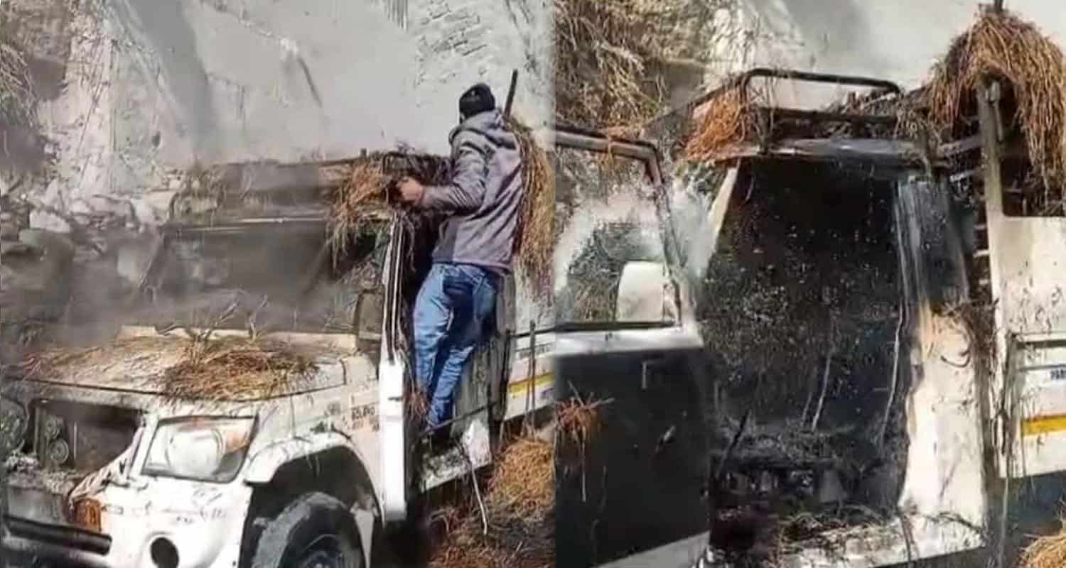 Himachal kullu a jeep loaded with grass burned