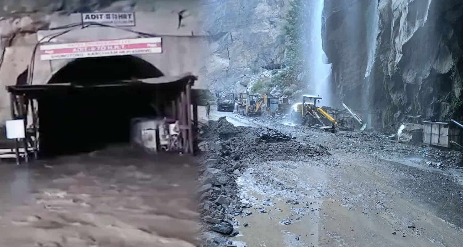 Leakage shongtong tunnel himachal kinnaur led to flooding water and debris road