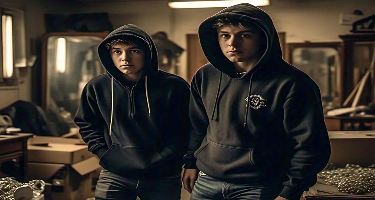 two brother standing with looted items